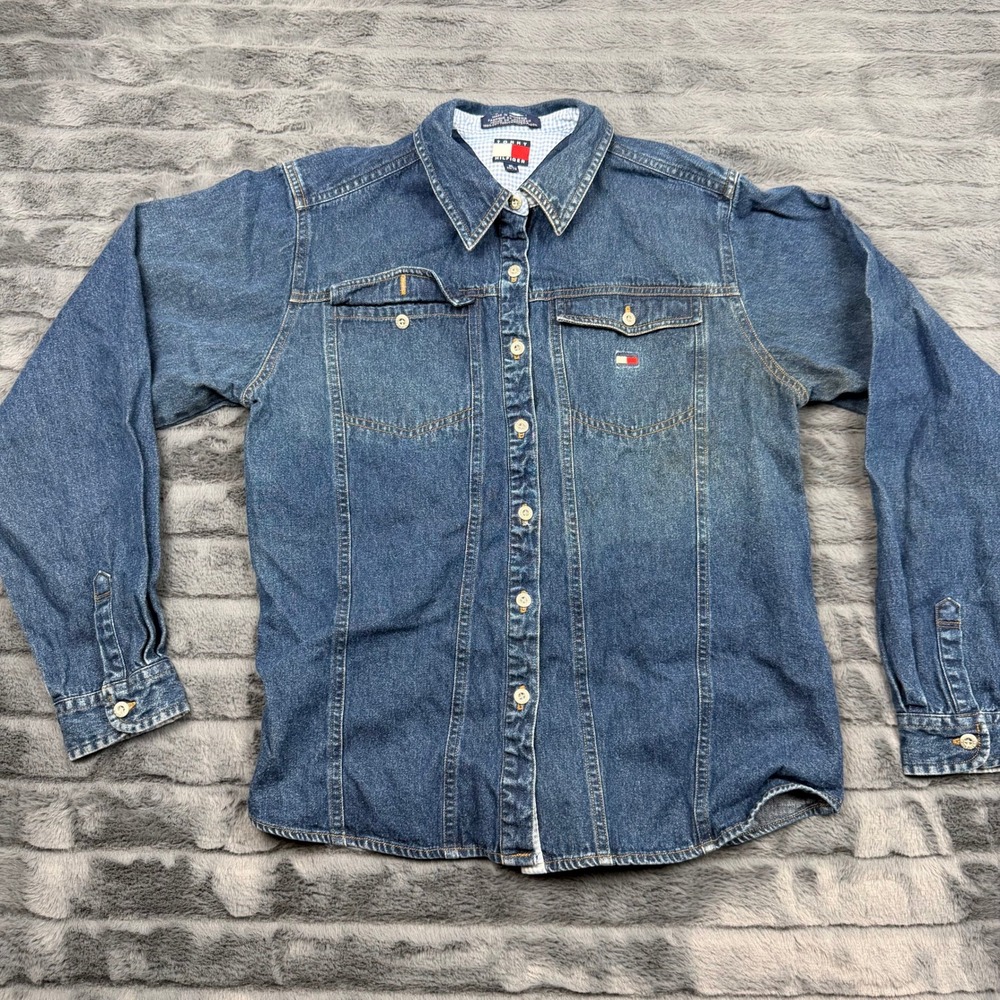 Vintage Tommy Hilfiger Denim Shirt Womens XL Blue Cotton Button Down Flag Logo